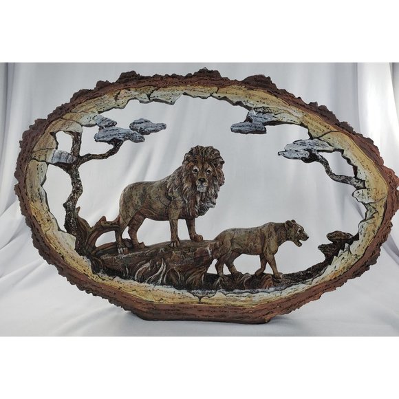 Lion Pride Faux Wood Bark Carved Resin Sculpture - Picture 2 of 6